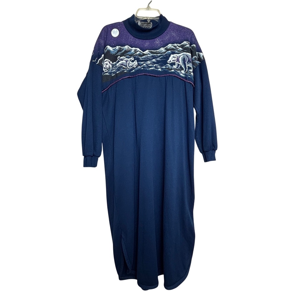 Vintage 80s Polar Bear Casual Sweater Dress Womens L Blue Oversized Fleece Lined